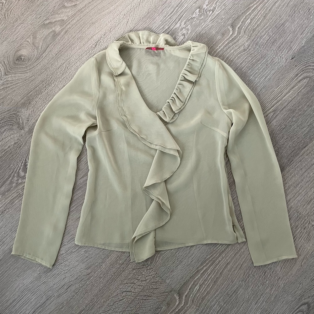 Mint Green Sheer Blouse with Ruffles